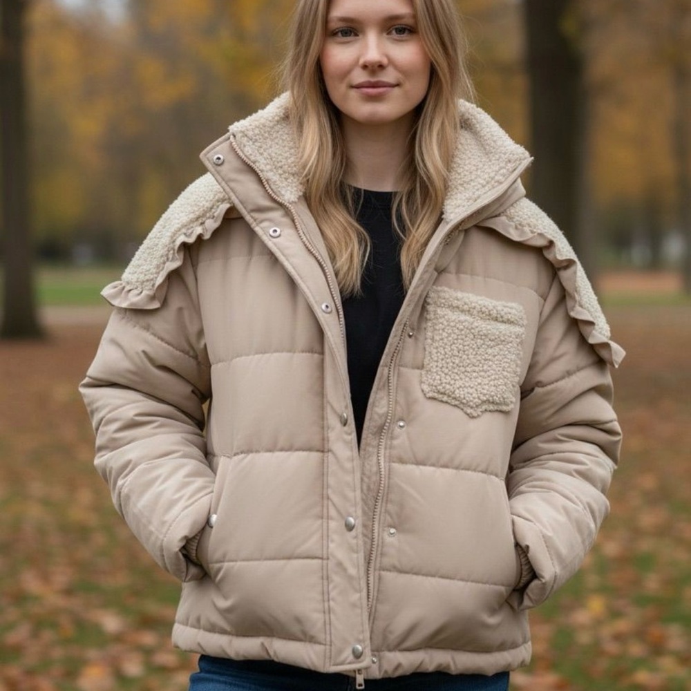 For the love of lemon  Beige Sherpa-Trim Puffer Jacket